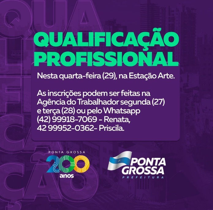 PG oferece curso de capacitação profissional e candidatos receberão acompanhamento da Agência do Trabalhador