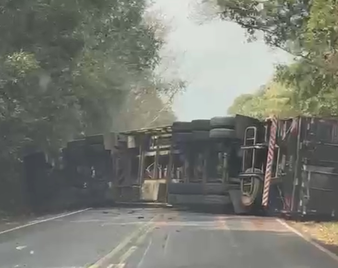 Caminhão tomba e interdita rodovia entre PG e Palmeira