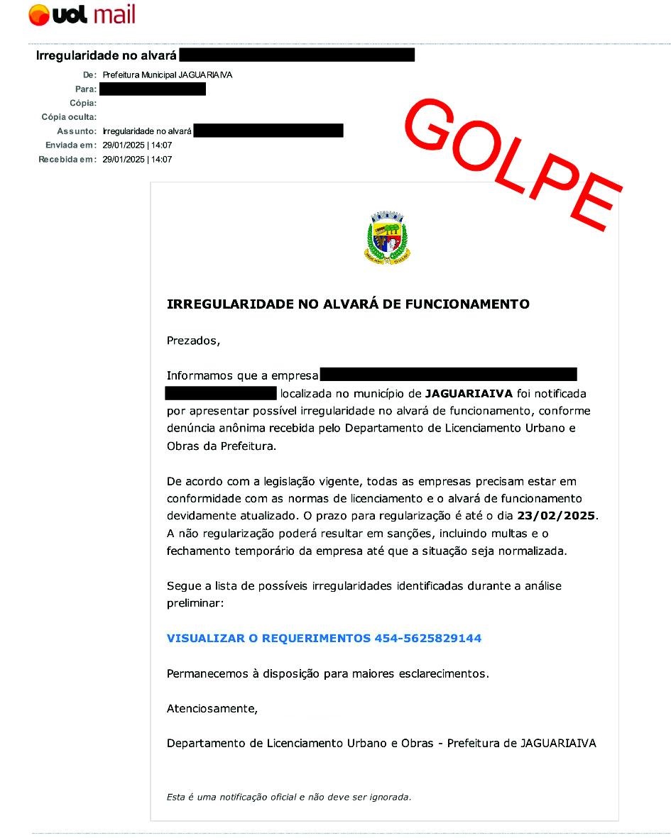 Prefeitura de Jaguariaíva alerta sobre golpe via e-mail