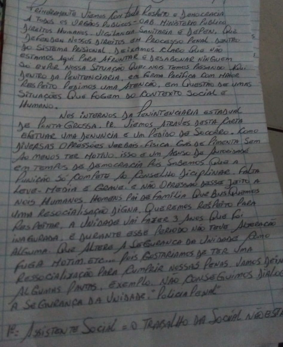 Presos de PG denunciam abusos em cartas: “Pedimos clemência e não tortura”
