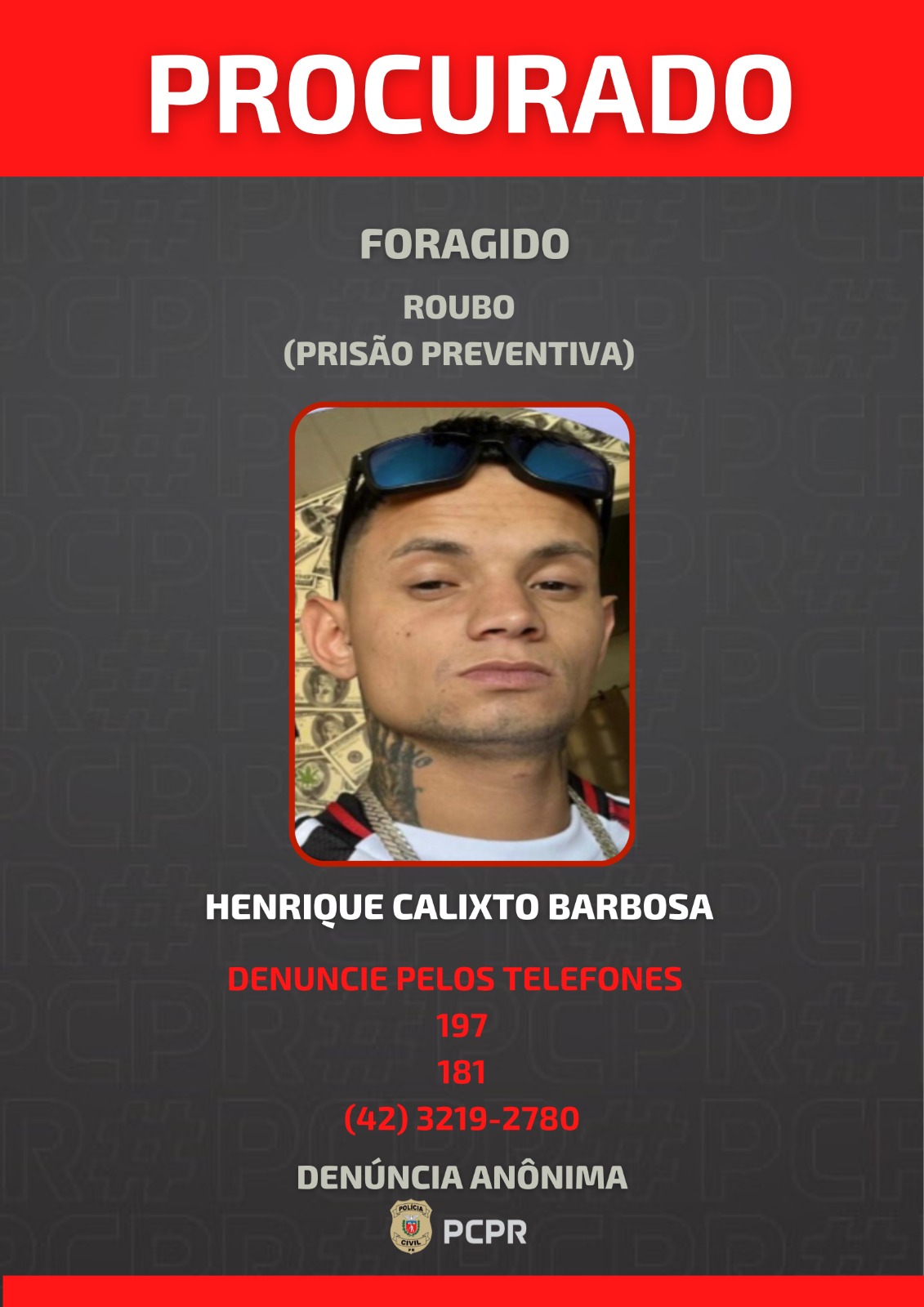 PCPR divulga retrato falado de foragido de roubo de malote de R$ 49 mil em PG