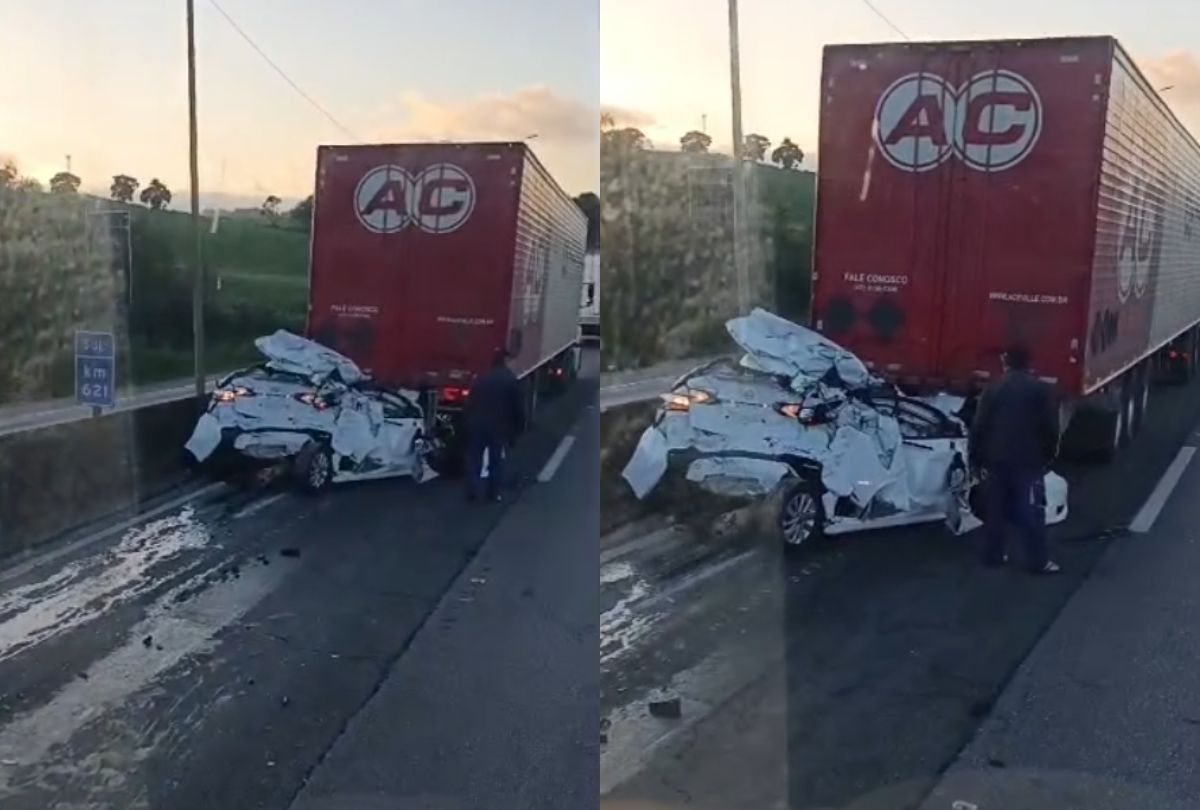 Três pessoas morrem após carro ser prensado entre caminhões na BR-376