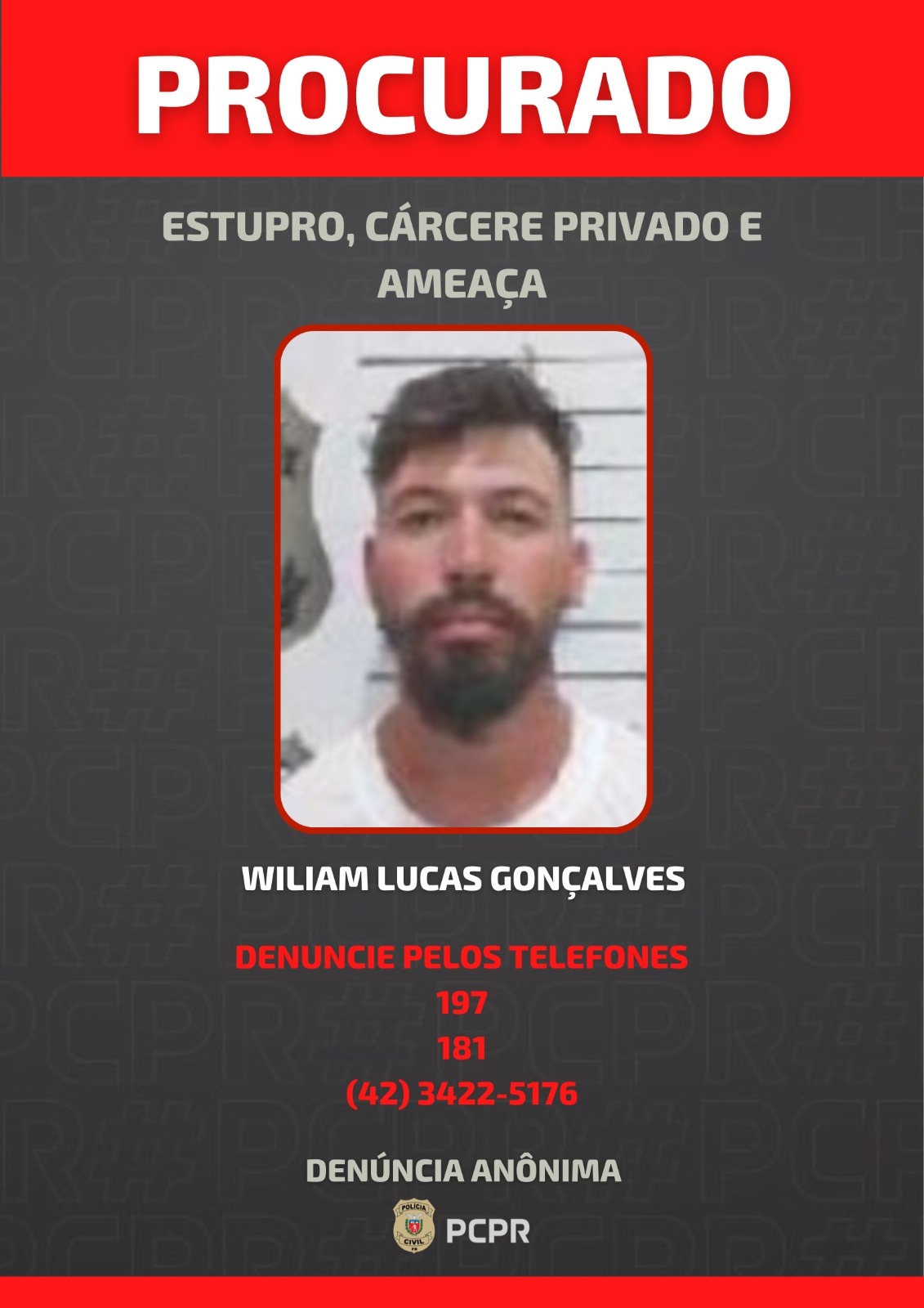 PCPR divulga foto de homem foragido por estupro, cárcere privado e ameaça