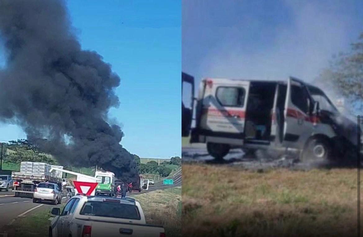 Ambulância da Prefeitura de Pinhão pega fogo na PR-170 e fica destruída