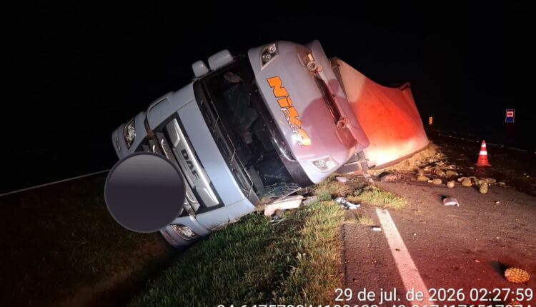 Caminhão carregado com abacaxis tomba na PR-151 em Castro e motorista fica ferido