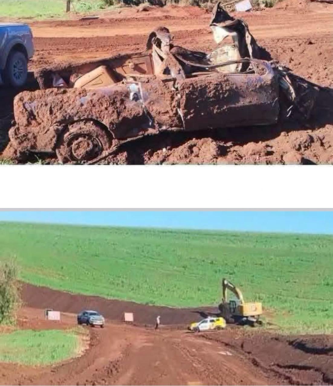 Carro é encontrado enterrado durante obra de pavimentação em estrada rural no Paraná
