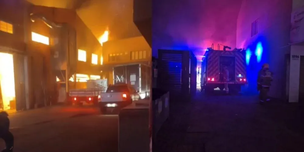 Incêndio de grandes proporções atinge fábrica de móveis e destrói parte da estrutura em Curitiba