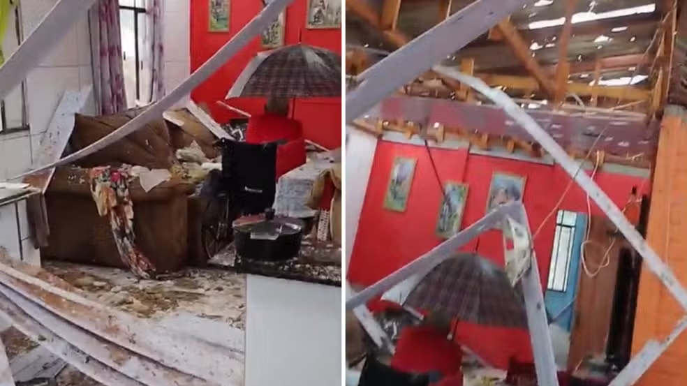 Idoso de 93 anos usa guarda-chuva contra granizo após telhado ser destruído em Candói