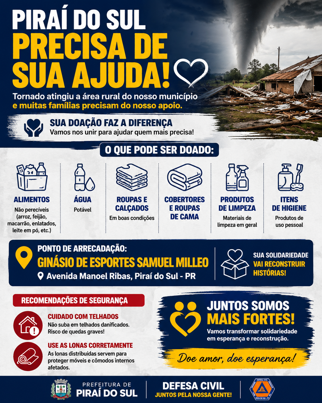 Piraí do Sul arrecada doações para famílias afetadas por tornado