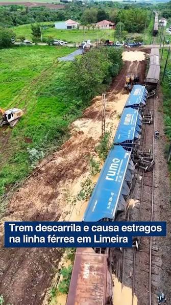 Trem com carga de milho descarrila sobre ponte em Limeira