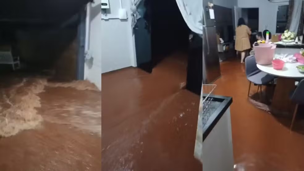 Enxurrada invade casa, estoura porta de vidro e arrasta móveis durante temporal no Paraná