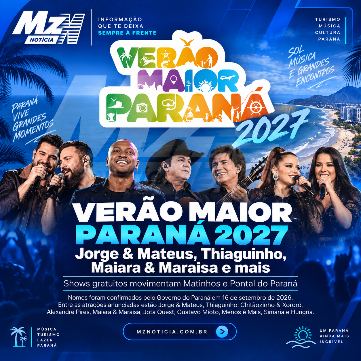 Verão Maior Paraná 2027 terá Jorge & Mateus, Thiaguinho, Maiara & Maraisa e mais; veja lista