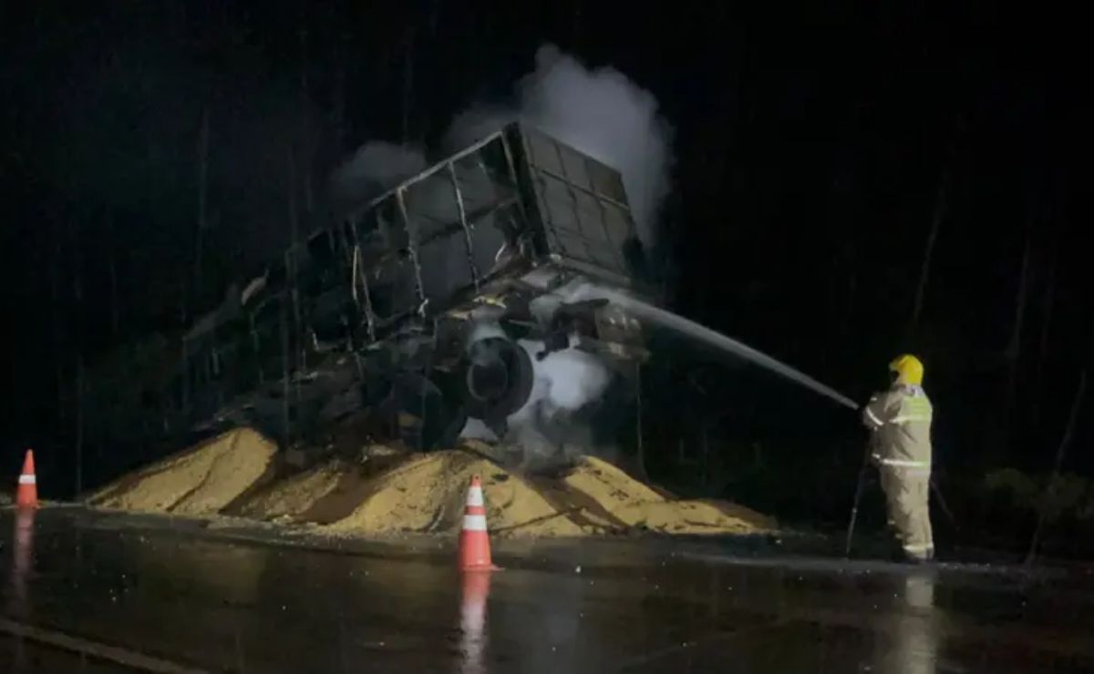 Caminhão carregado de milho pega fogo na BR-163 e fica destruído; motorista consegue evitar tragédia