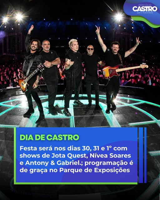 Castro terá três dias de festa com Jota Quest, Nívea Soares e Antony & Gabriel; shows serão gratuitos