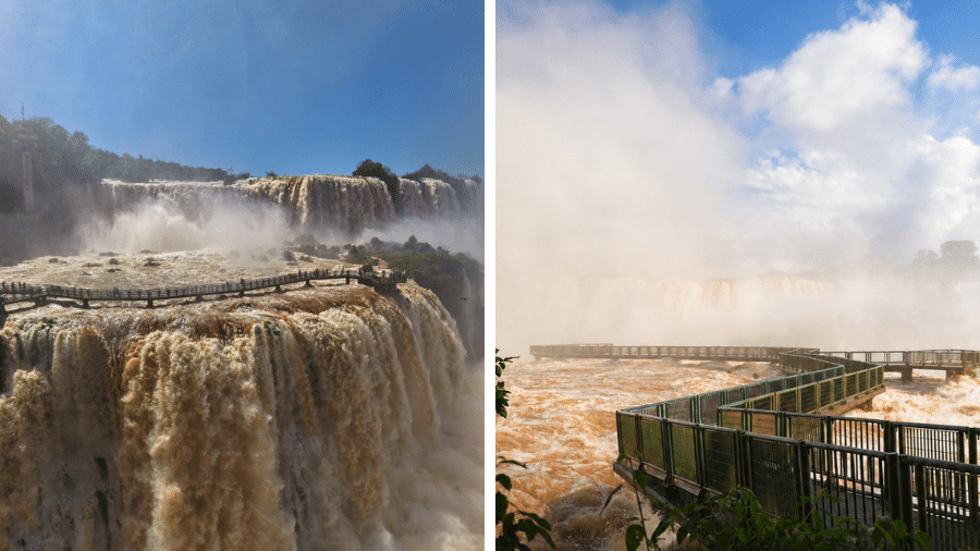 Cataratas do Iguaçu atingem vazão de 16 milhões de litros por segundo e passarela é interditada