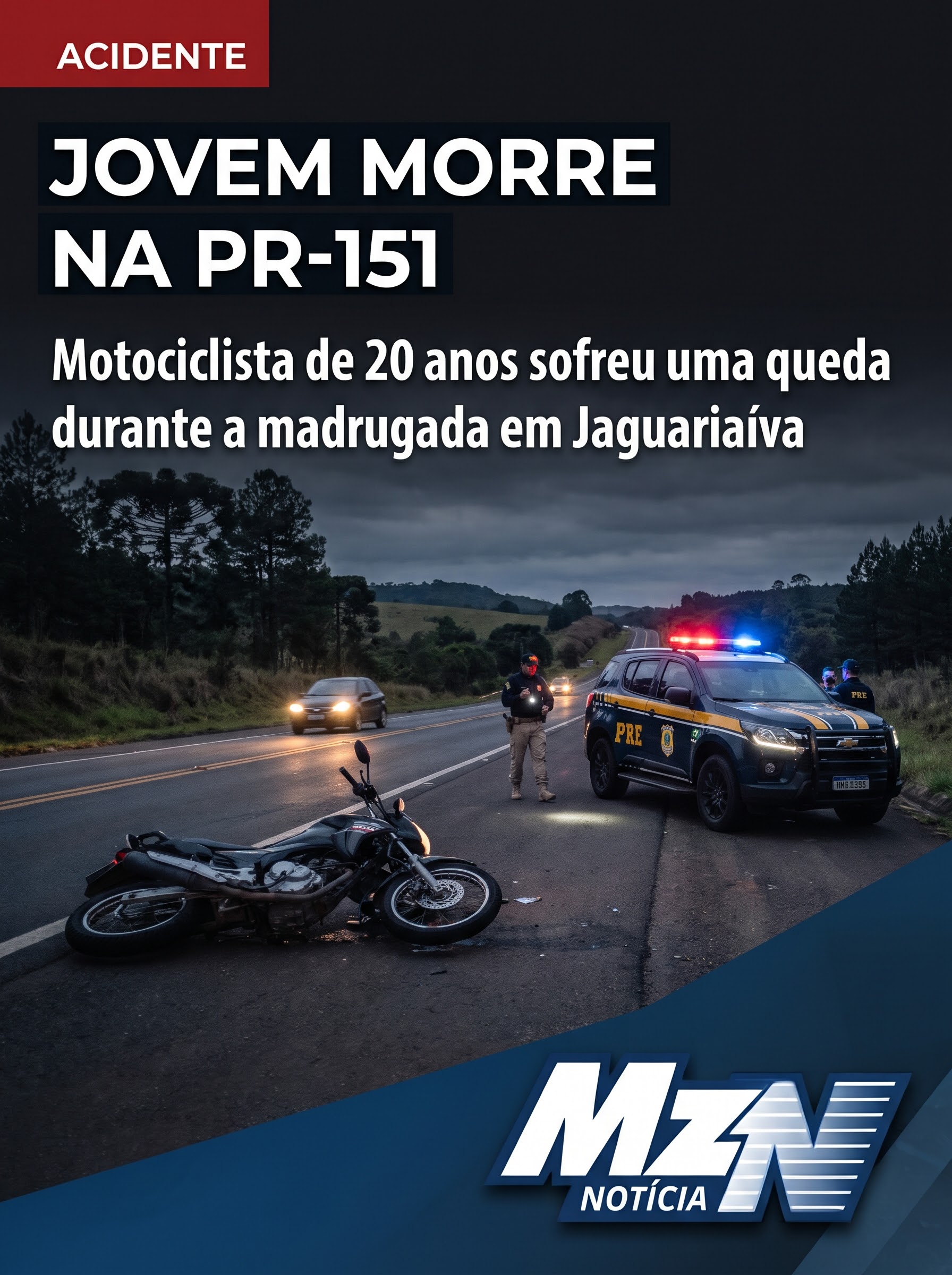 Jovem de 20 anos morre após queda de motocicleta na PR-151, em Jaguariaíva