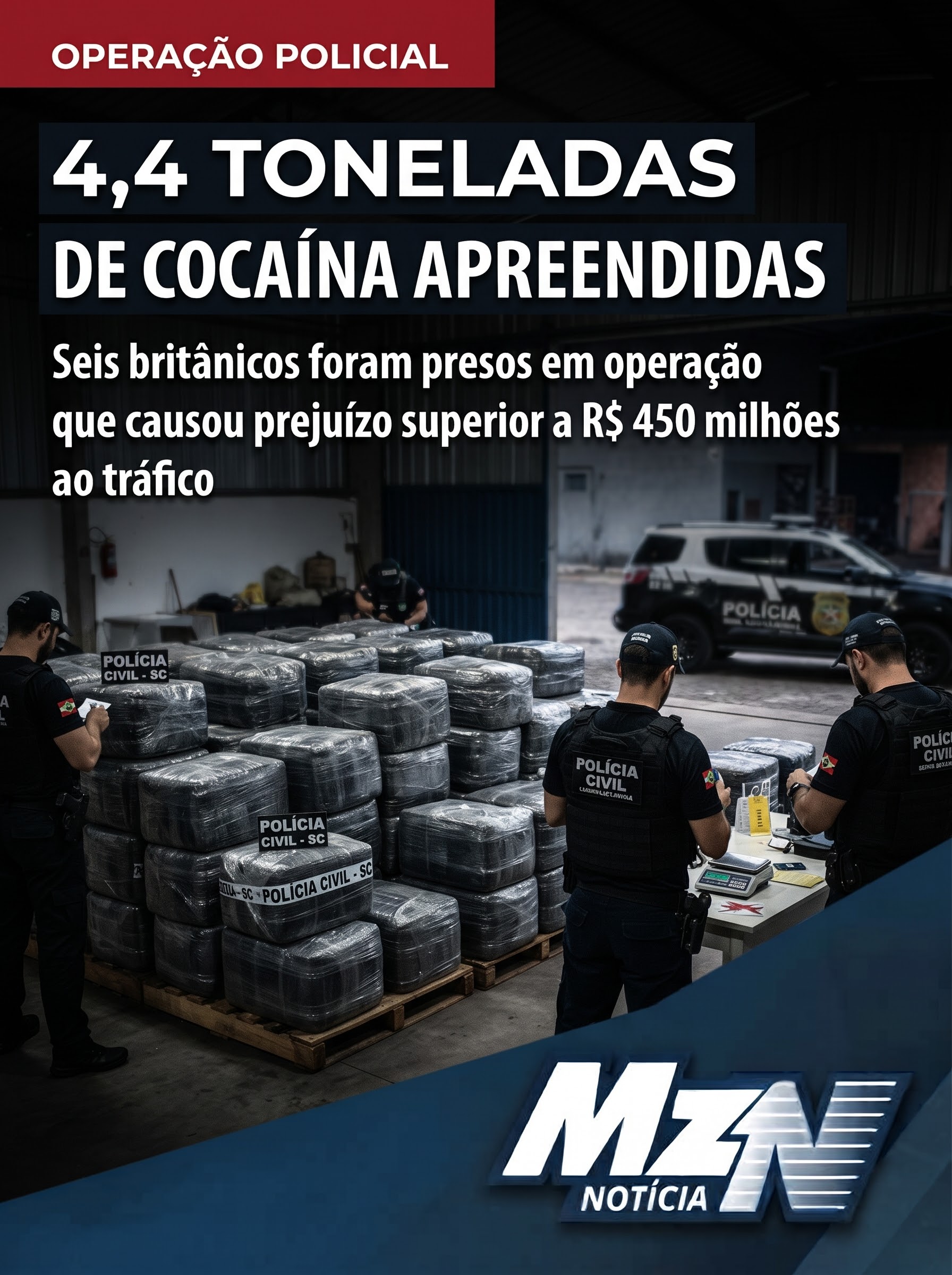 Polícia apreende 4,4 toneladas de cocaína em SC e prende seis britânicos; carga é avaliada em mais de R$ 450 milhões