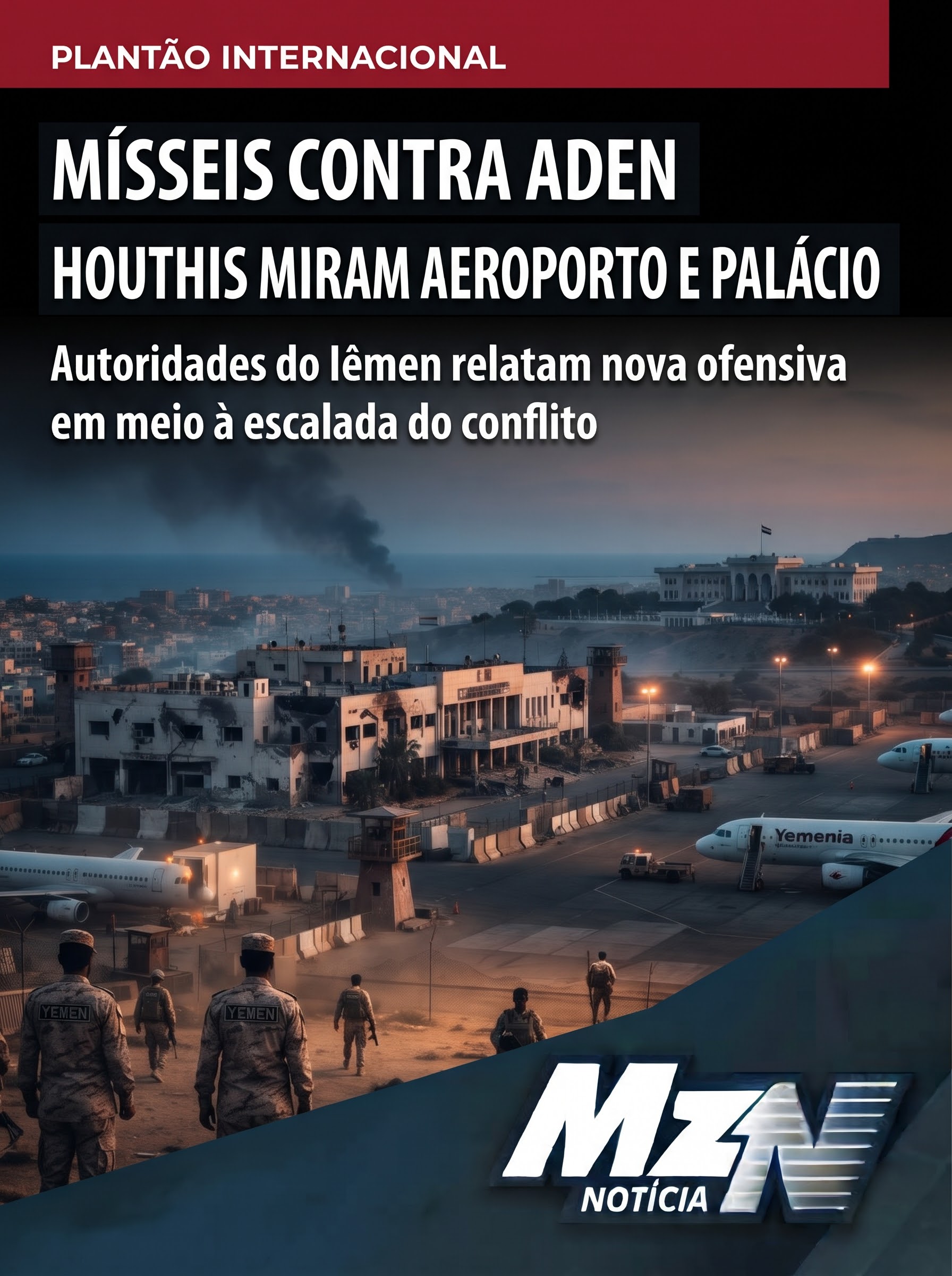 HOUTHIS LANÇAM MÍSSEIS CONTRA AEROPORTO E PALÁCIO PRESIDENCIAL NO IÊMEN