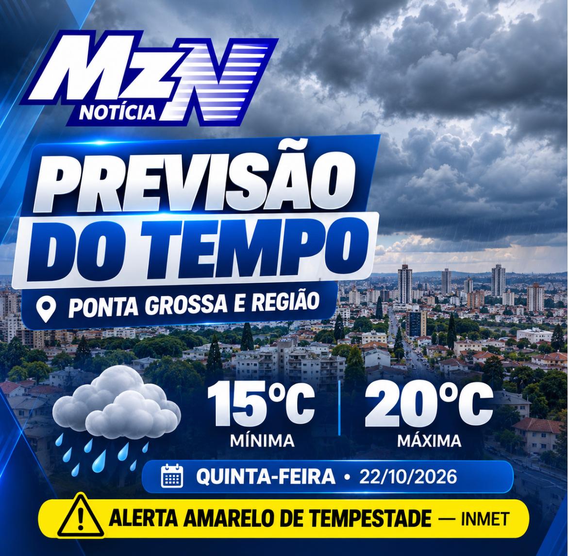 Quinta-feira terá chuva e risco de temporais em Ponta Grossa e região dos Campos Gerais